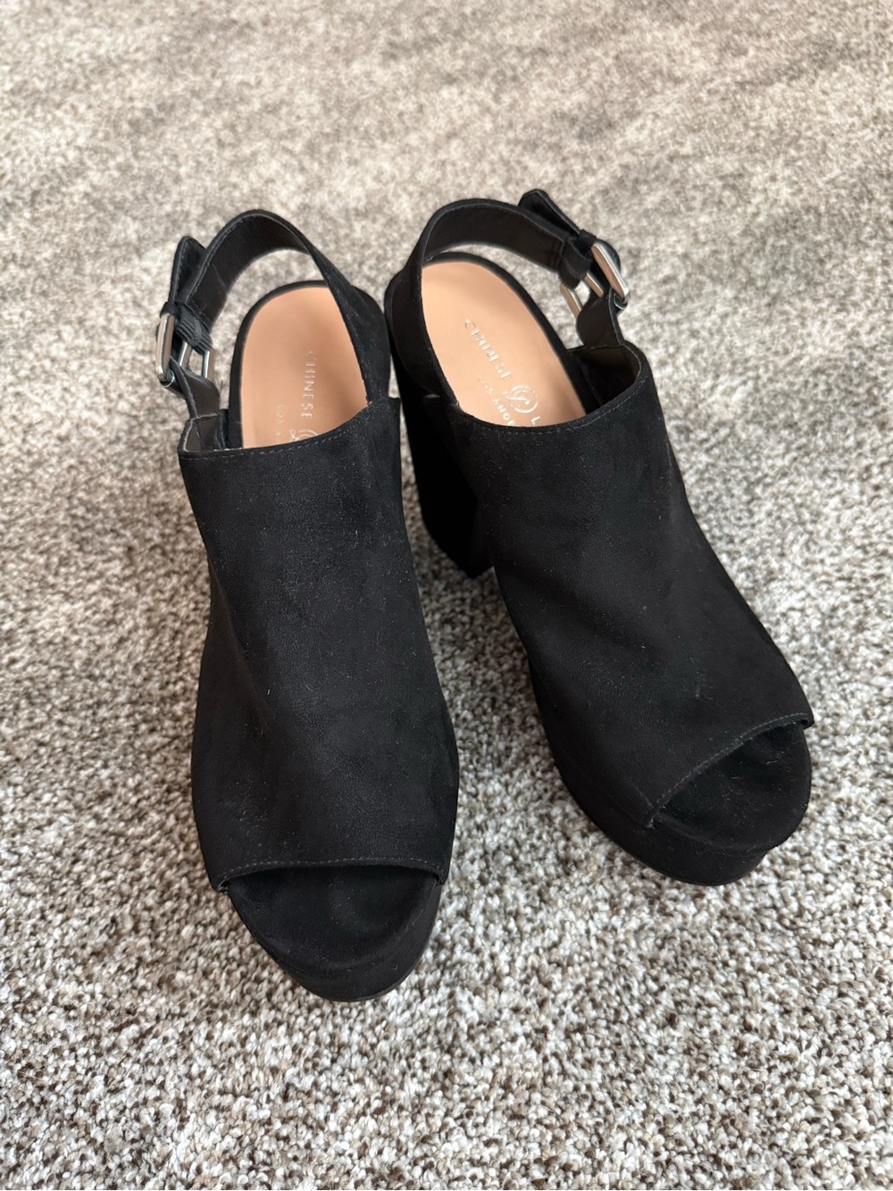Chinese Laundry Black Suede Peep-Toe Slingback Platform Heels - Women